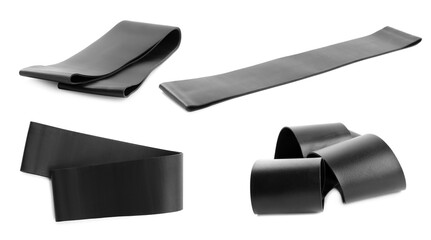 Set of black fitness elastic bands on white background, banner design