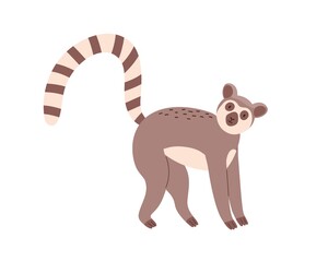 Cute and funny lemur with striped long tail isolated on white background. Happy animal standing on all four paws. Childish character. Colored flat cartoon vector illustration © Good Studio