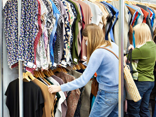 Fototapeta na wymiar Women choose fabrics in textile store