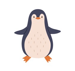 Cute and funny baby penguin with happy friendly face. Childish animal character. Colored flat vector illustration isolated on white background