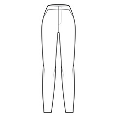 Pants flat front technical fashion illustration with normal waist, high rise, full length, slant slashed pockets. Flat casual bottom trousers apparel template white color. Women men unisex CAD mockup
