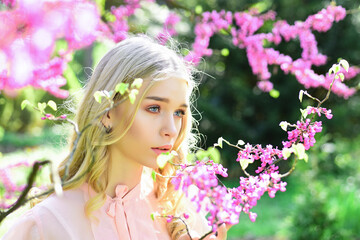 Fototapeta premium Girl on dreamy face. Tender woman near violet flowers of judas tree, nature background. Lady walks in park on sunny spring day.