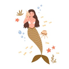 Beautiful mermaid with long hair and fish tail listening to music with seashell. Cute underwater fairy princess in shell bra. Colored flat cartoon vector illustration isolated on white background