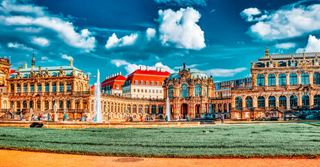 Obraz premium Panoramic on Zwinger Palace - royal palace since 17th century in Dresden. Today, Zwinger complex are most visited place in Dresden. Germany.