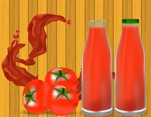 Poster of ketchup in plastic or glass bottle with splashing of shredded tomato