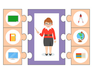 Educational children game. Pazl. Professions, character and items for his work. Development of children's education. Vector cartoon illustration