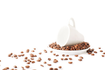 Empty cup of coffee on white background with coffee beans.