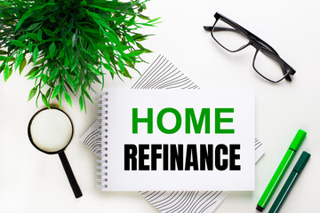 On a white background lies a notebook with the words HOME REFINANCE, glasses, a magnifying glass, green markers and a green plant