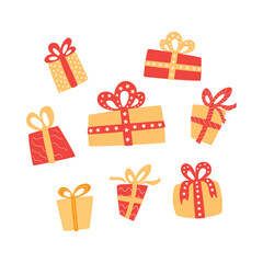 Set of gift boxes in red and yellow colors. Collection of clipart objects for birthday, holiday, Christmas, New Year cards, banners, sale concepts. Vector illustration.