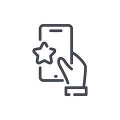 Online feedback and Rating line icon. Mobile phone with hand and star vector outline sign.