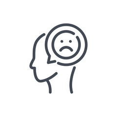 Negative feedback line icon. Head with chat message and sad face vector outline sign.