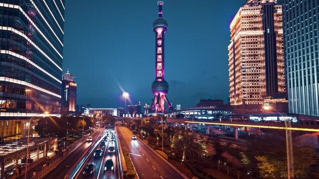 hyper lapse, road in Shanghai Lujiazui financial center, China