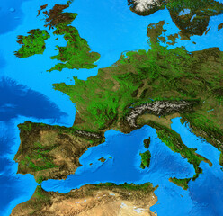 Physical map of Western Europe, centered on France. Detailed flat view of the Planet Earth and its landforms. 3D illustration - Elements of this image furnished by NASA
