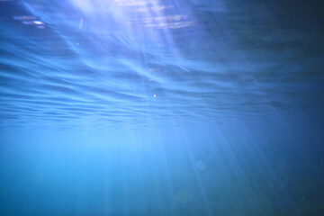 ocean water blue background underwater rays sun / abstract blue background nature water