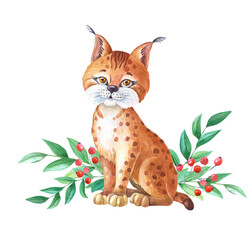 Watercolor Lynx on white background. Isolated of Bobcat.Cute cartoon character. Watercolour Illustration with red wild animal,green leaves,berry.