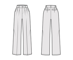 Pants tailored technical fashion illustration with extended normal waist, rise, full length, slant, flap pockets, double pleat, belt loops. Flat template front, back, grey color. Women men CAD mockup