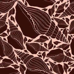 Trendy flat silhouette sea shells seamless pattern for fabric, textile, apparel, cloth, interior, stationery, package. Modern handmade aquatic endless texture. Tropical ocean shells editable design.