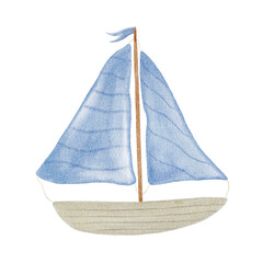Watercolor illustration of a cute boat with blue striped sails and a flag on the mast in pastel colors. Isolated illustration of a yacht close-up on a white background for children`s textiles, cards.