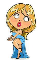 Vector cartoon. Bright colorful illustration - a parody. Funny beautiful sexy blonde girl in evening dress. Isolated object