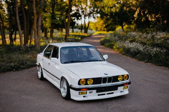 Berlin, Germany - July 07, 2020: BMW M3 e30 outdors, BBS wheels, tunning M Tech, glossy and shiny old classic retro oldtimer. Auto nostalgia show.