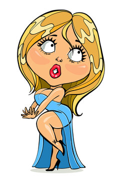 Vector cartoon. Bright colorful illustration - a parody. Funny beautiful sexy blonde girl in evening dress. Isolated object