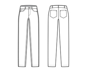 Skinny Jeans Denim pants technical fashion illustration with full length, low waist, rise, curved, angled 5 pockets, Rivets. Flat bottom template front, back, white color style. Women, men CAD mockup