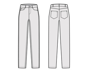 Skinny Jeans Denim pants technical fashion illustration with full length, normal waist, high rise, coin, angled 5 pockets, Rivets. Flat bottom template front, back, grey color style. Men CAD mockup