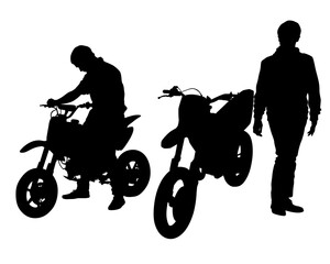 Man in protective clothing rides a retro bike. Isolated silhouette on a white background