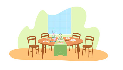 Easter dinner table setting 2D vector web banner, poster. Home dining room flat scene on cartoon background. Family feast. Christian holiday celebration printable patch, colorful web element