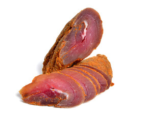 Spicy Turkey basturma isolated on white background