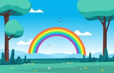 Stickers pour porte Corail vert Beautiful Rainbow in Summer Nature Landscape Scenery Illustration