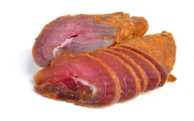 Spicy Turkey basturma isolated on white background