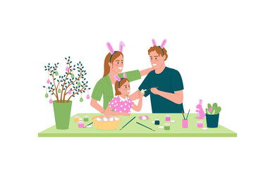 Happy family decorating easter eggs flat color vector detailed character. Parents with child. Spring holiday preparation isolated cartoon illustration for web graphic design and animation