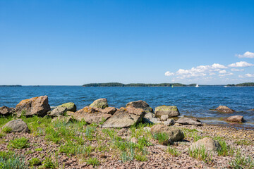 Fototapeta na wymiar View to the Gulf of Finland from the shore of The Svartholm fortress, Loviisa, Finland