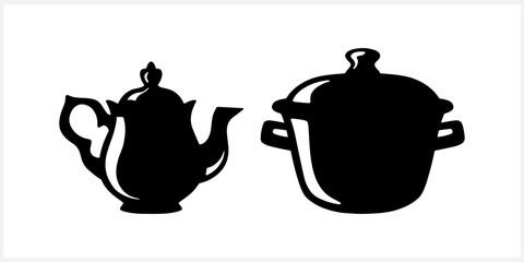 Stencil saucepan and teapot isolated on white. Kitchenware vector stock illustration. EPS 10