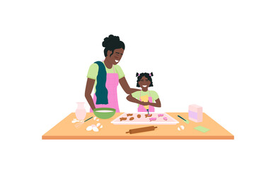 African american mother and daughter baking easter cookies flat color vector detailed character. Parent with offspring. Happy family isolated cartoon illustration for web graphic design and animation
