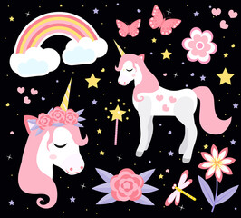 Cute little unicorn set, modern cartoon style. Fairytale collection for children with rainbow, flowers, stars, magic. Vector illustration.