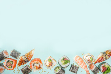 Fototapeta na wymiar Flying sushi set with chopsticks