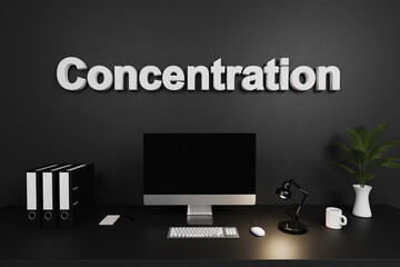 modern clean office workspace with computer screen and dark concrete wall; concentration lettering concept; 3D Illustration