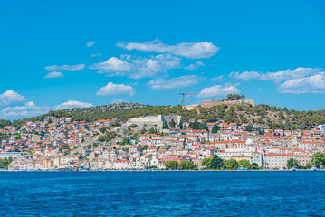 Skyline of Sibenik with Saint James cathedral and fortresses of Saint Michael and Saint John,...
