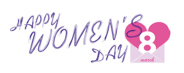 Obraz premium Handwritten happy women's day. 8 March International Women's Day design in pink and purple colors on a white background. Number 8 comes out of the letter with heart. Modern banner design.