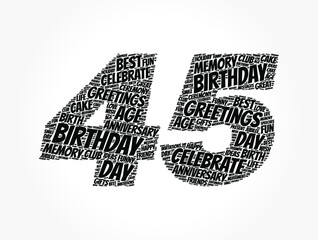 Happy 45th birthday word cloud, holiday concept background