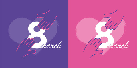 8 march icon and logo design set. Set of 8 march international women's day design logo in pink and purple colors. Heart and hands touching the number 8. Modern banner design.