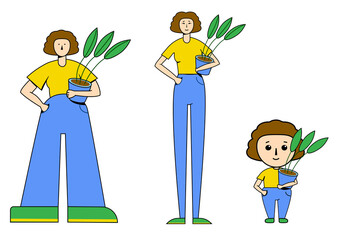 Set of three cute Plants lover characters - a woman with a potted plant, in a yellow T-shirt and blue jeans. Hyperbolic, sophisticat and cyte styles.