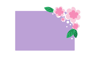Purple background with pink flowers and leaves. Copy space for text. Flat style. Frame with simple flowers for design.