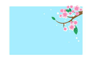 Blue background and branch with pink sakura flowers and leaves. Copy space for text. Flat style. Frame with spring simple flowers for design.