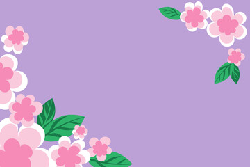 Fon flF Purple background with corner of pink sakura flowers and leaves. Copy space for text. Flat style. Frame with simple flowers for design.
