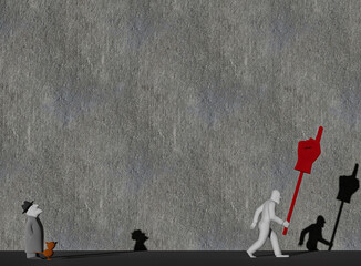 3d illustration of man with picket sign pointing direction.man and pet looking