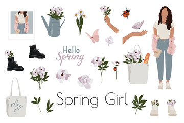 Spring Girl and Flowers Vector Illustration Set. Girl with a book and daisies, Peony flowers, bag with flowers, watering can, hand holding peonies, floral boots and sneakers 