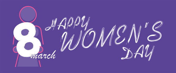 Fototapeta na wymiar Handwritten happy women's day. 8 March International Women's Day design in pink and purple colors. A female icon is holding the figure 8. modern banner design.